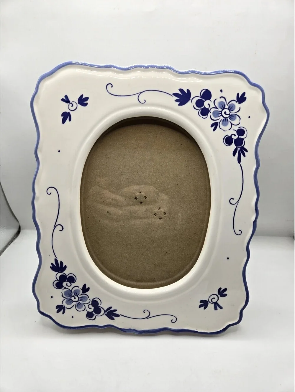 Vintage Delft Style Blue and White Ceramic Picture Frame Oval Photo Wavy Edge